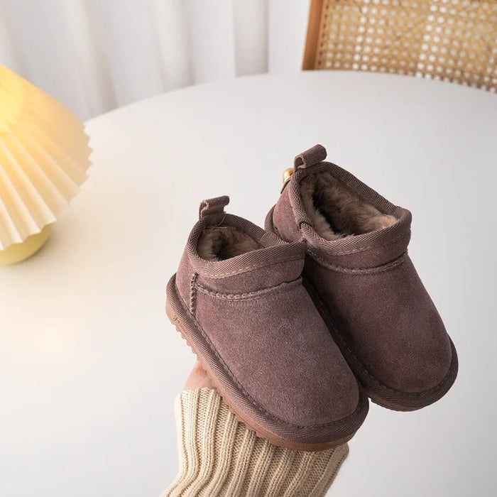 Kids Genuine Cowhide Snow Boots Winter Baby Soft Warm Cotton Shoes With Plush Boys Girls One Fur Suede Boots Princess Retro Boot
