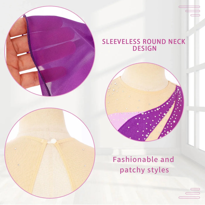 Figure Skating Dress for Kids Girls Performance Costumes Rhinestone Mesh Splice Ballet Dance Dresses Gymnastics Leotards