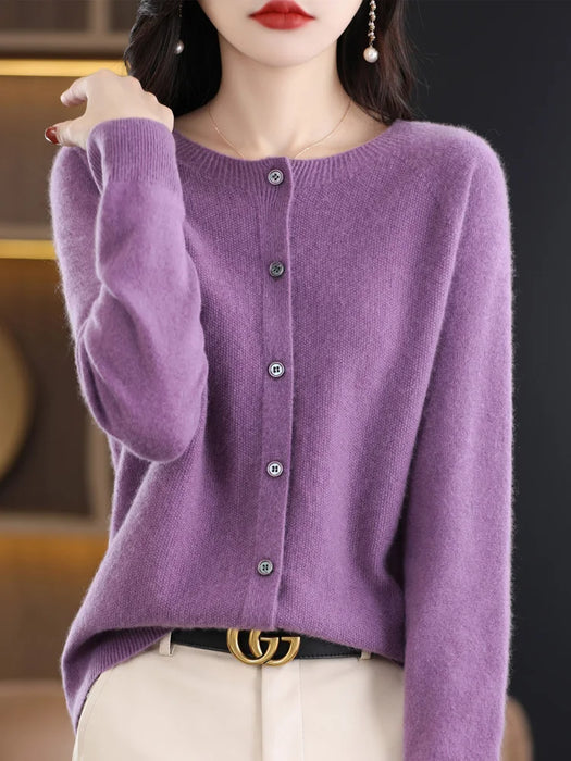 New Fashion Spring 100% Pure Merino Wool Womens O-neck Cardigan Cashmere Sweater 2024 Female Clothing Grace Knitwear Korean Tops