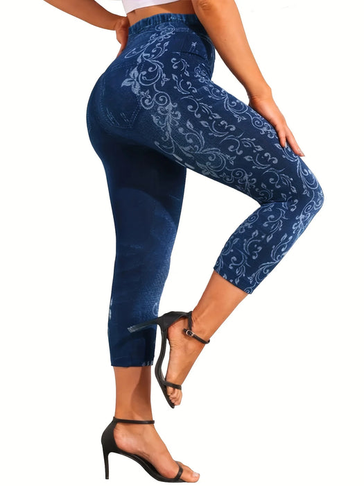 Plus Size Sports Leggings, Women's Plus Denim Print & Floral High Rise Skinny Slight Stretch Capri Leggings