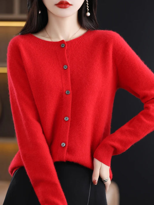 New Fashion Spring 100% Pure Merino Wool Womens O-neck Cardigan Cashmere Sweater 2024 Female Clothing Grace Knitwear Korean Tops