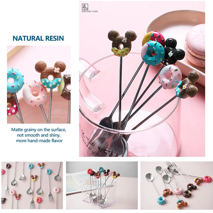 Stainless Steel Doughnut Spoon Fork Coffee Cake Dessert Tea Ice Cream Cartoon Teaspoon Stirring  Candy Cute Kids Dinnerware
