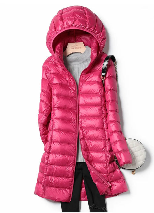 2023 Winter Womens Korean Fashion Slim Remove Hooded Parka Fashionable Outerwear Down Jackets Long Light Thin Coat Puffer Jacket