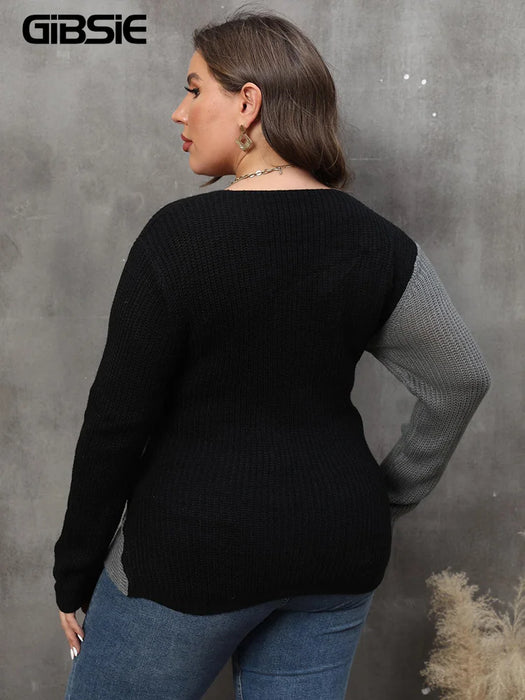 GIBSIE Plus Size Colour Blocking Deep V-Neck Sexy Sweater Women 2023 Autumn Winter Long Sleeve Office Ladies Knitted Jumper