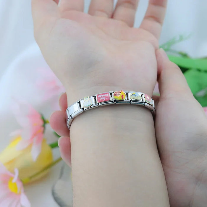 Hapiship 2023 New Fashion Shiny Flower House Skirt Charm Italian Links Fit 9mm Bracelet Stainless Steel Making Jewelry DJ666-B