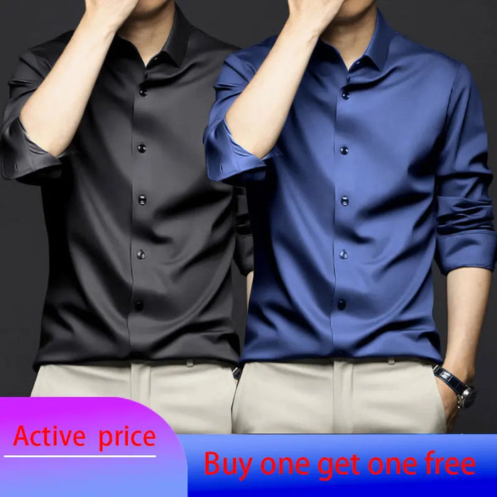 6XL Spring/Summer Formal Men's Fashion long-sleeved shirt Luxury wrinkle-proof non-ironed solid color business casual ice silk