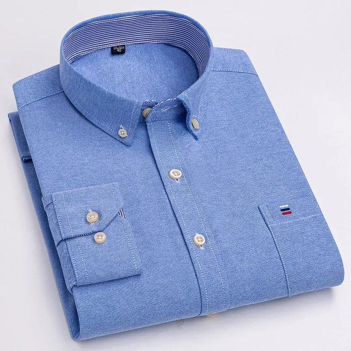 2023 Oxford Men Fashion 100% Cotton Thin Long Sleeve Casual Slim Solid Color Plaid Print Stripe Formal Dress Shirt Plus 7XL 6XL