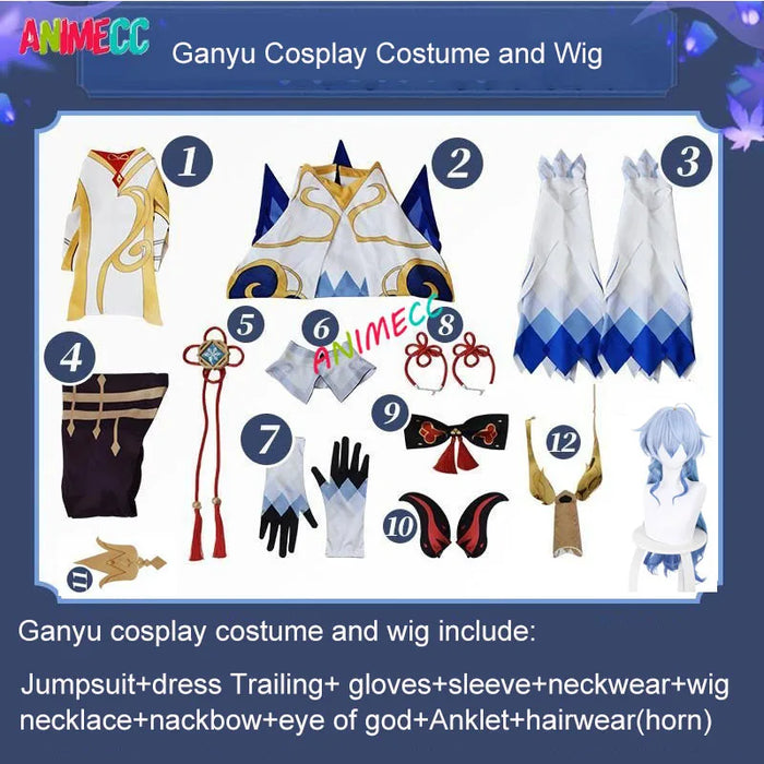 ANIMECC in Stock Ganyu Genshin Impact Gan Yu Cosplay Costume Wig Horns Anime Game Sexy Jumpsuit Halloween Party Outfit for Women