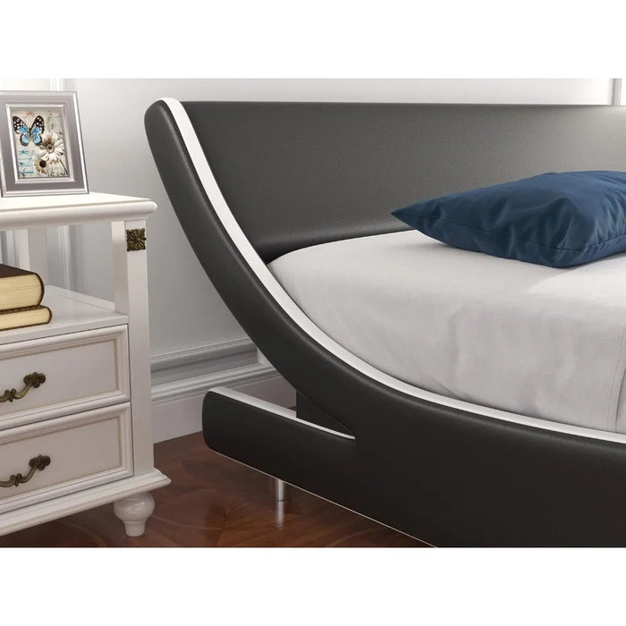 Upholstered queen platform bed frame modern low-profile sleigh bed with faux leather headboard for easy assembly