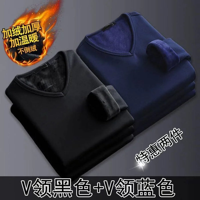 2Pcs Mens Underwear Winter Men's Long-sleeved Thermal Underwear Plus Velvet Padded T-shirt Round Neck Slim Bottoming Shirt