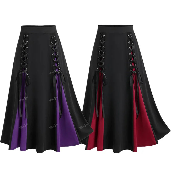 ROSEGAL Plus Size Gothic Lace Up Skirts Black Red Purple Colorblock Elastic Waisted A Line Skirt Cozy Basic Bottoms For Women 4X