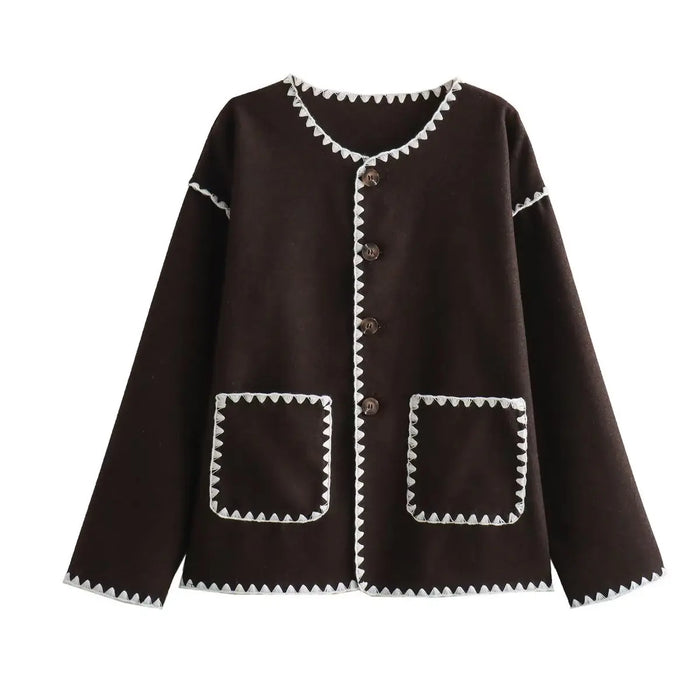 Women Round Neck Patchwork Coat Long Sleeve Single Breasted Pocket Jackets 2023 Autumn Fashion Female Streetwear Outwears