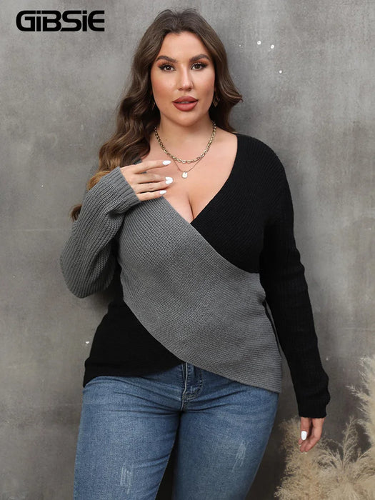 GIBSIE Plus Size Colour Blocking Deep V-Neck Sexy Sweater Women 2023 Autumn Winter Long Sleeve Office Ladies Knitted Jumper