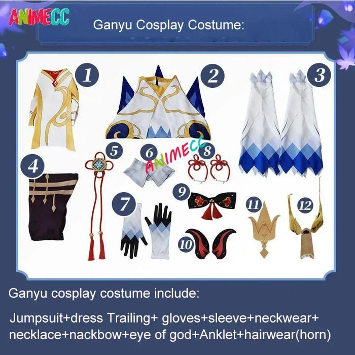 ANIMECC in Stock Ganyu Genshin Impact Gan Yu Cosplay Costume Wig Horns Anime Game Sexy Jumpsuit Halloween Party Outfit for Women