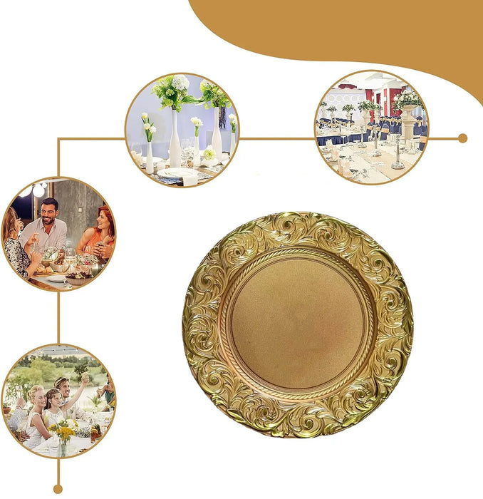 6pcs Plastic Gold Charger Plates 13" Round Patterned Placemat Dinner Serving Tray Wedding Christmas Decor Table Place Setting