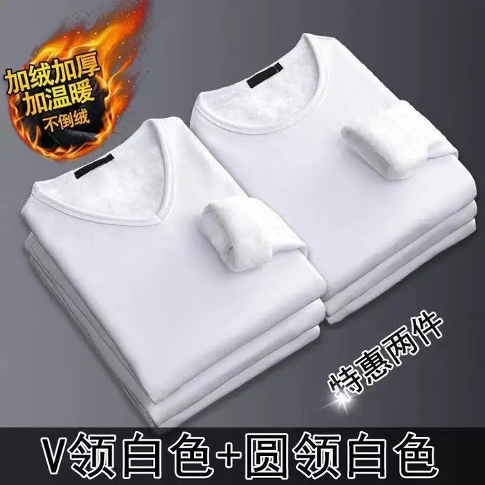 2Pcs Mens Underwear Winter Men's Long-sleeved Thermal Underwear Plus Velvet Padded T-shirt Round Neck Slim Bottoming Shirt