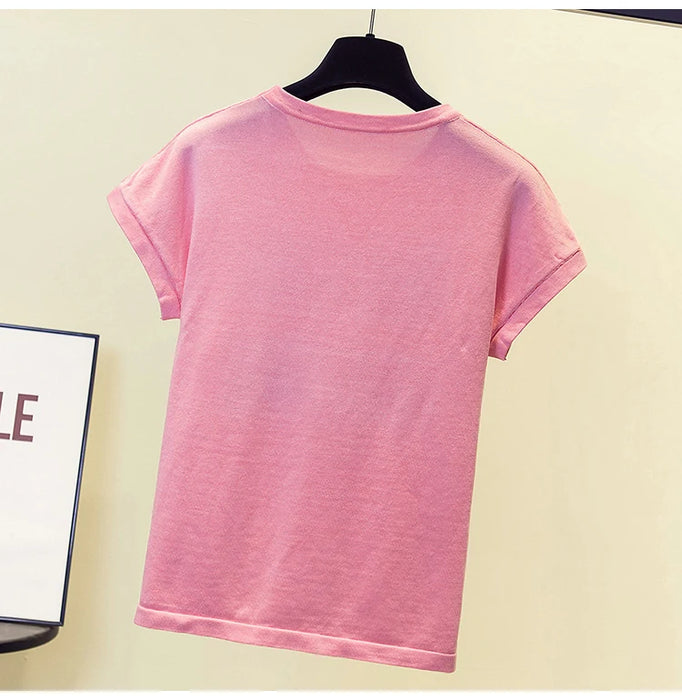 Summer Plus Size Women Pullover Sweater Thin Rib Knitted Female Letter Print Tops Oversize Jumper Short Sleeve Sueters De Mujer