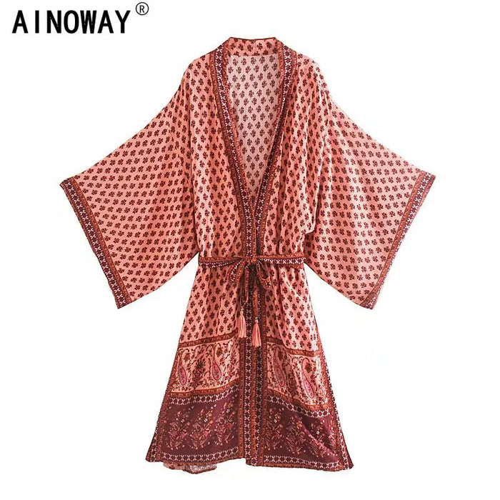Vintage Chic Women Floral Print Sashes Happie Bohemian Kimono Ladies V Neck Batwing Sleeves Boho Maxi Robe Bikini Cover-up