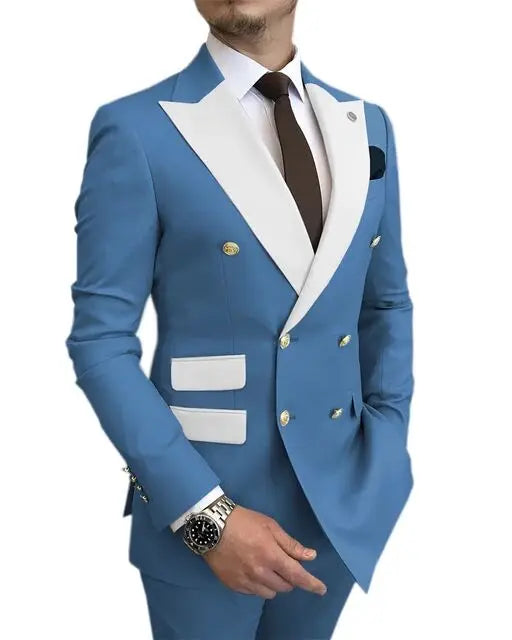 Costumes Pour Hommes Light Blue Smoking Jacket Pants Gold Buttons Party Tuxedo Dress Double Breasted Men Suits For Wedding Groom