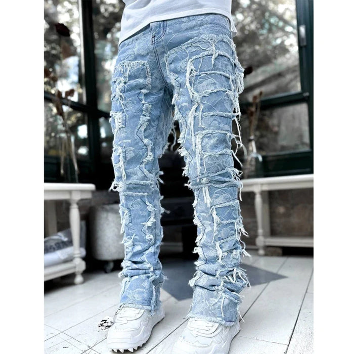 E15E Mens Stacked Jeans Fit Ripped Jeans Destroyed Straight Denims Pants Vintage Hip Hop Trouser Streetwear