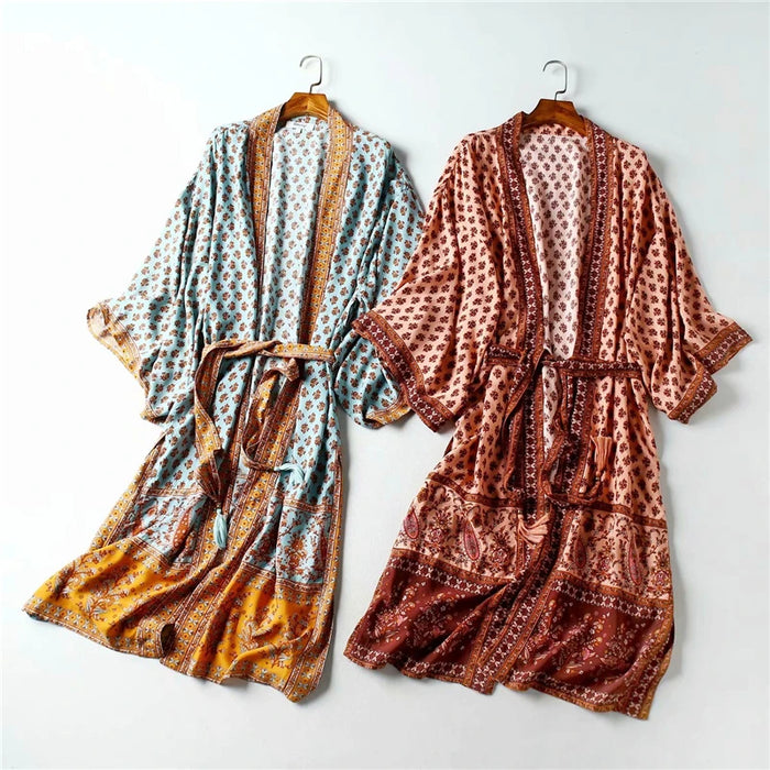 Boho Queens Women  Floral Print Sashes Bohemian Happie Kimono Ladies V Neck Batwing Sleeves Robe Bikini Cover-up