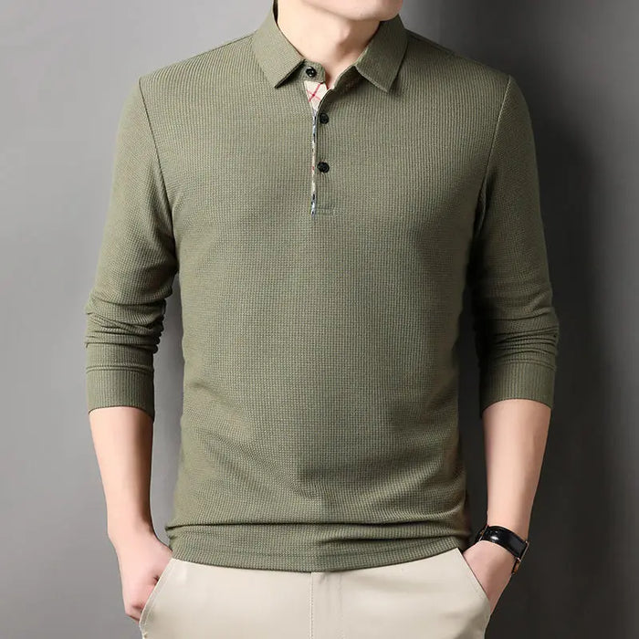 Men Fashion Long Sleeve Solid Casual Polo Shirts Spring Autumn Loose Streetwear Male Clothes Lapel Plaid Business Office Tops