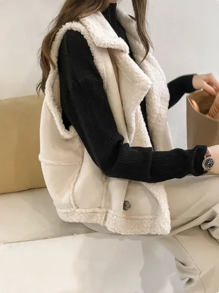 Fashion Warm Fur Vest For Women Elegant Sleeveless Turndown Collar Jackets  2023 Winter Chic Casual Faux Leather Waistcoat Vests