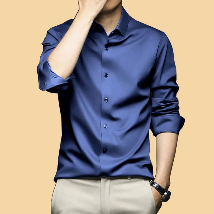 6XL Spring/Summer Formal Men's Fashion long-sleeved shirt Luxury wrinkle-proof non-ironed solid color business casual ice silk