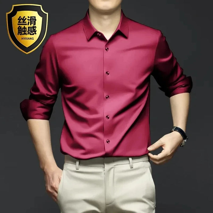 Men's Silk Shirts Long Sleeve Drill Button Solid Color 3XL Silky Business Formal Social No Iron and Wrinkle Soft Fashion Clothes