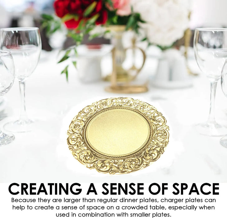 6pcs Plastic Gold Charger Plates 13" Round Patterned Placemat Dinner Serving Tray Wedding Christmas Decor Table Place Setting