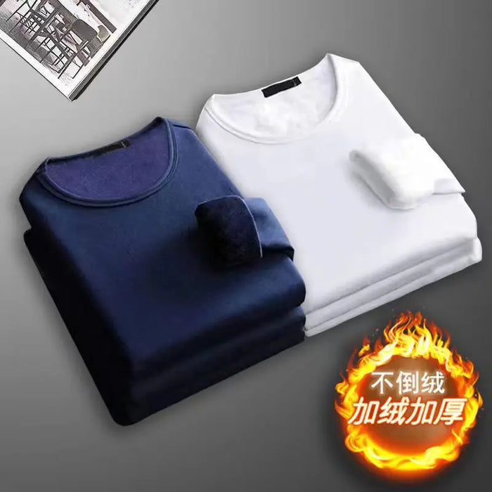 2Pcs Mens Underwear Winter Men's Long-sleeved Thermal Underwear Plus Velvet Padded T-shirt Round Neck Slim Bottoming Shirt