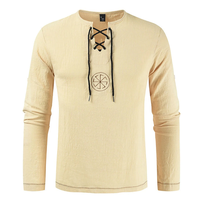 New Men's Cotton Linen Shirt Loose Fashion Ancient Viking Embroidery V-neck Lace Up Shirts Men Casual Long Sleeves Tee Shirts