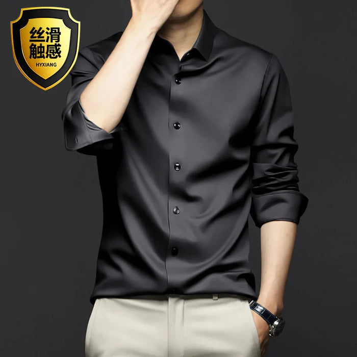 Men's Silk Shirts Long Sleeve Drill Button Solid Color 3XL Silky Business Formal Social No Iron and Wrinkle Soft Fashion Clothes