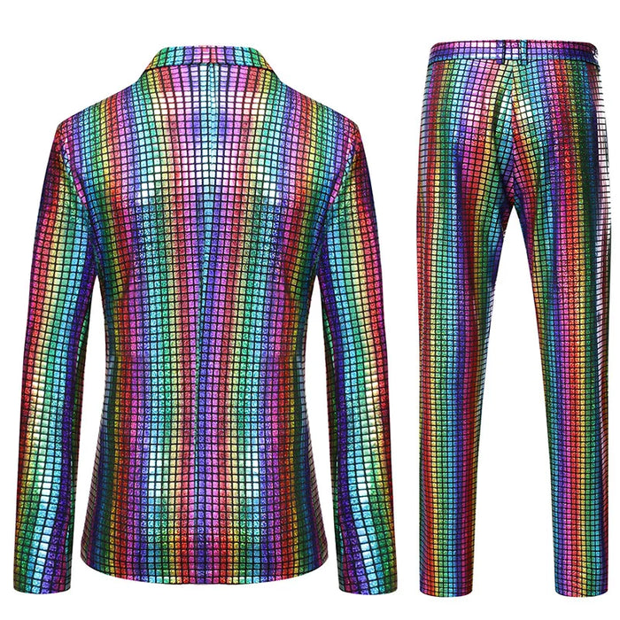 Mens Stage Prom Suits Shiny Rainbow Plaid Sequin Jacket Pants Men Dance Festival Christmas Halloween Party Costume Homme