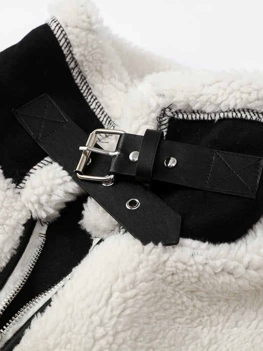Fashion Patchwork Furry Jacket For Women Gentle Panelled Thick Warm Lambswool Fleece Coat New Fashion Zipper Pocket Lady Outwear
