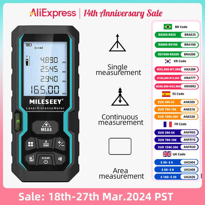 MILESEEY S6 Laser Tape Measure 40M 60M 80M 100M Laser Rangefinder IP54 Electronic Ruler Useful Measurement Tool