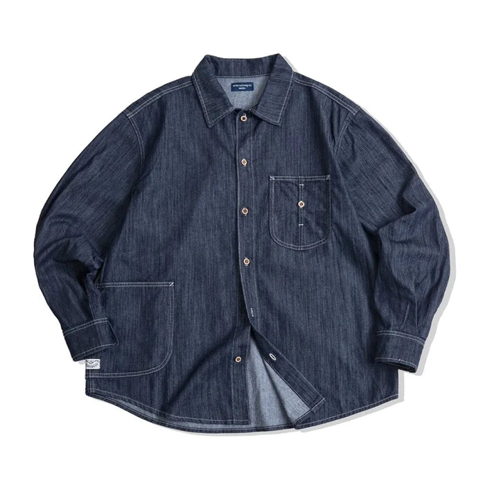 Maden 2023 Vintage Large Pockets Washed Denim Shirt Men's Casual 240g Button Down Long Sleeve Shirts Amekaji Loose Workwear Tops