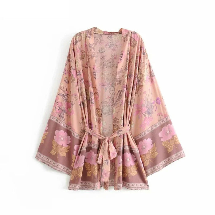 Happie Queens Women Floral Print Sashes Bat Sleeve Beach Bohemian Kimono Dresses Ladies V Neck  Summer Bikini Boho Cover-ups