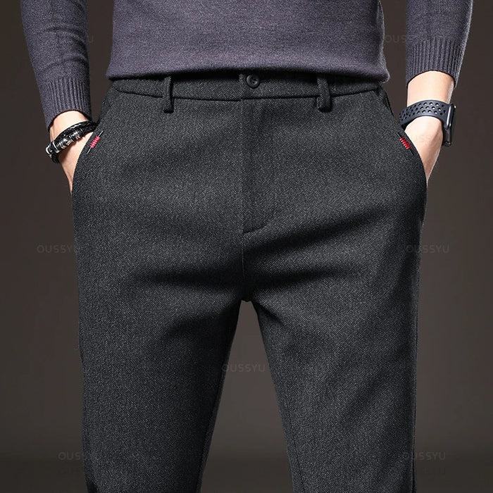 Four Seasons Men's Brushed Fabric Casual Pants Business Fashion Slim Fit Stretch Thick Gray Blue Black Cotton Trousers Male
