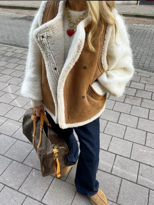 Fashion Warm Fur Vest For Women Elegant Sleeveless Turndown Collar Jackets  2023 Winter Chic Casual Faux Leather Waistcoat Vests