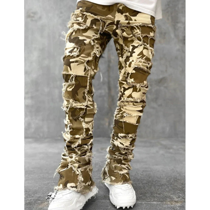 E15E Mens Stacked Jeans Fit Ripped Jeans Destroyed Straight Denims Pants Vintage Hip Hop Trouser Streetwear