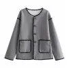 Women Round Neck Patchwork Coat Long Sleeve Single Breasted Pocket Jackets 2023 Autumn Fashion Female Streetwear Outwears