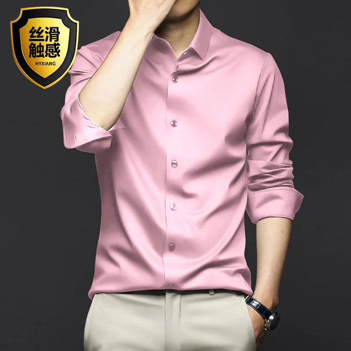 6XL Spring/Summer Formal Men's Fashion long-sleeved shirt Luxury wrinkle-proof non-ironed solid color business casual ice silk