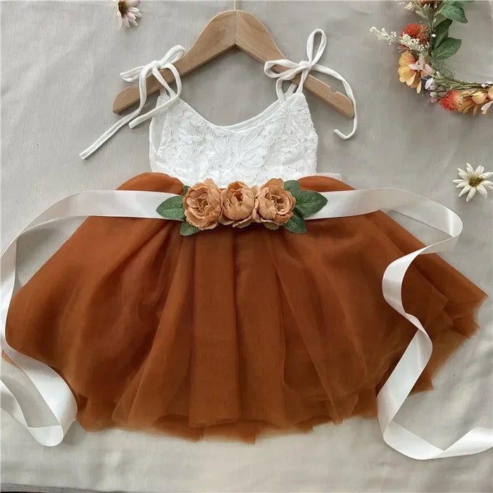 Beautiful flower girls wedding dress children party tutu gown for kids children flowers sashes princess sling summer dress