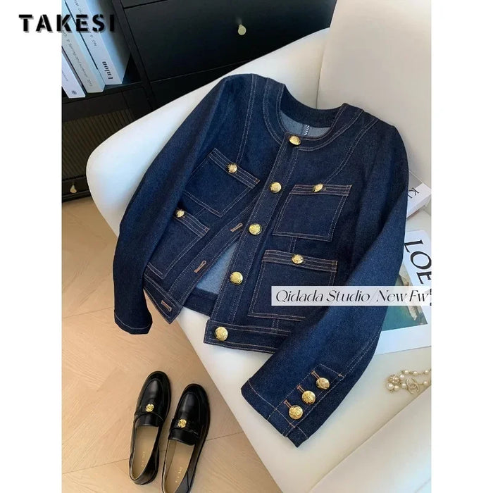 2024 Spring Winter Vintage Style Casual Blue Elegant Denim Jacket Women's Fashion Luxury Style Single Breatsed Loose Jean Coat