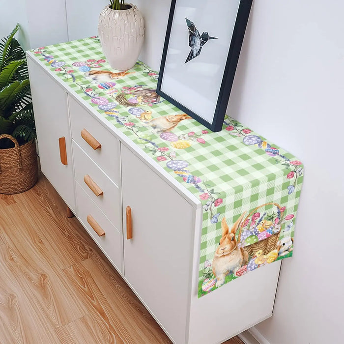 Easter Rabbit Colorful Eggs Flowers Green Plaid Linen Table Runners Washable Kitchen Dining Table Runners Wedding Decorations
