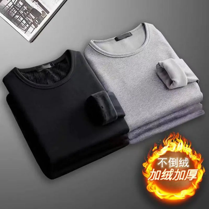 2Pcs Mens Underwear Winter Men's Long-sleeved Thermal Underwear Plus Velvet Padded T-shirt Round Neck Slim Bottoming Shirt