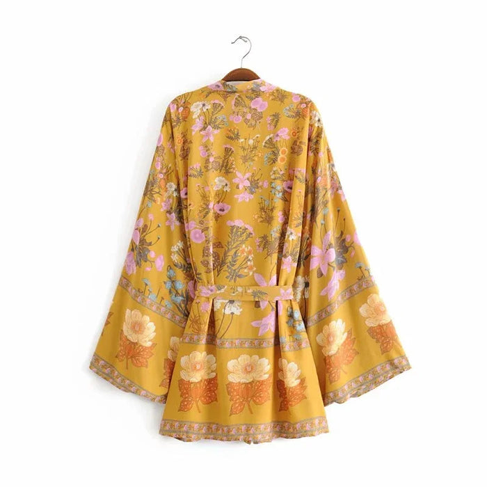 Happie Queens Women Floral Print Sashes Bat Sleeve Beach Bohemian Kimono Dresses Ladies V Neck  Summer Bikini Boho Cover-ups