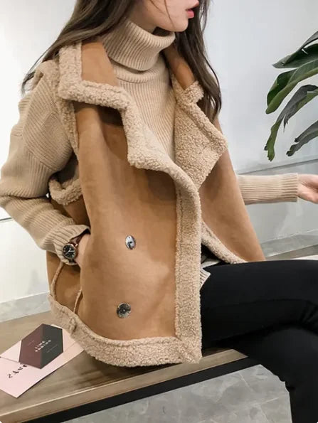 Fashion Warm Fur Vest For Women Elegant Sleeveless Turndown Collar Jackets  2023 Winter Chic Casual Faux Leather Waistcoat Vests