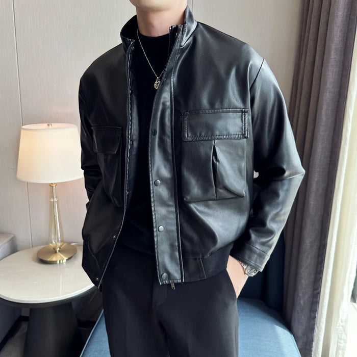 Autumn Winter Men's Leather Jacket 3D Pocket Solid Motocycle Bomber Coat Highstreet